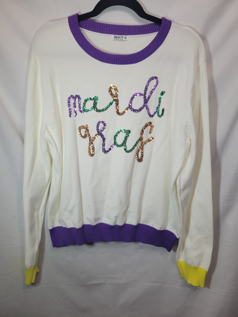 WHY White 'Mardi Gras' Sequin Crewneck Sweater with Purple & Yellow Trim
